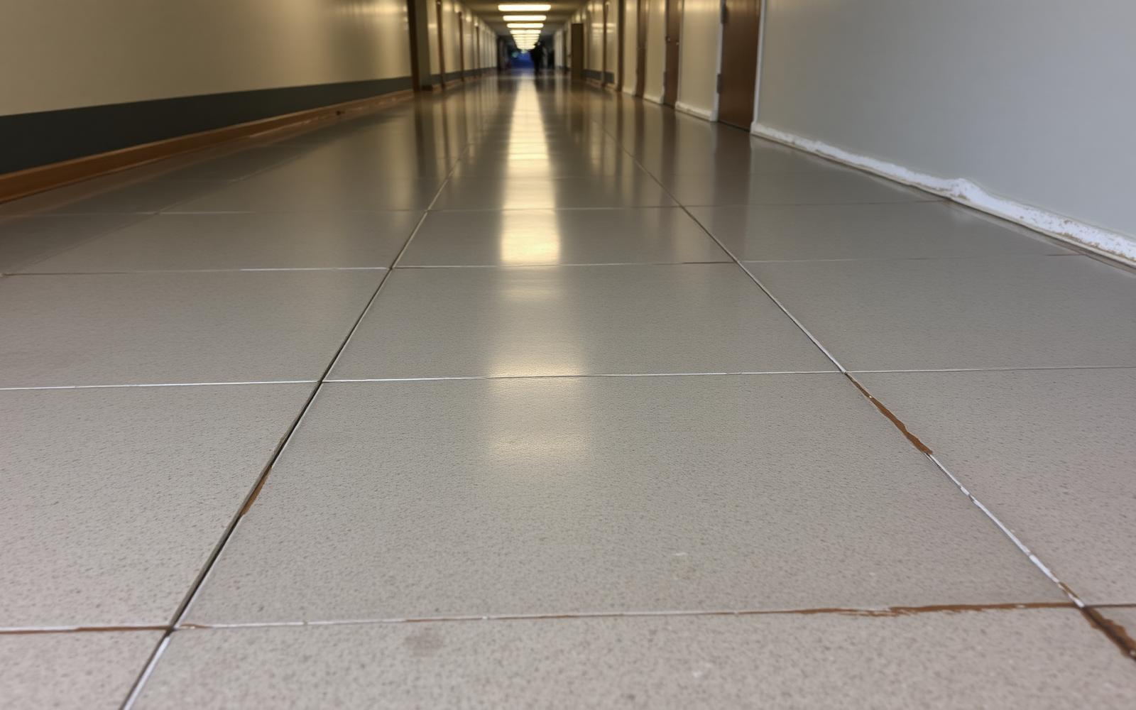 Dull commercial corridor floor with worn finish and scuff marks before floor care