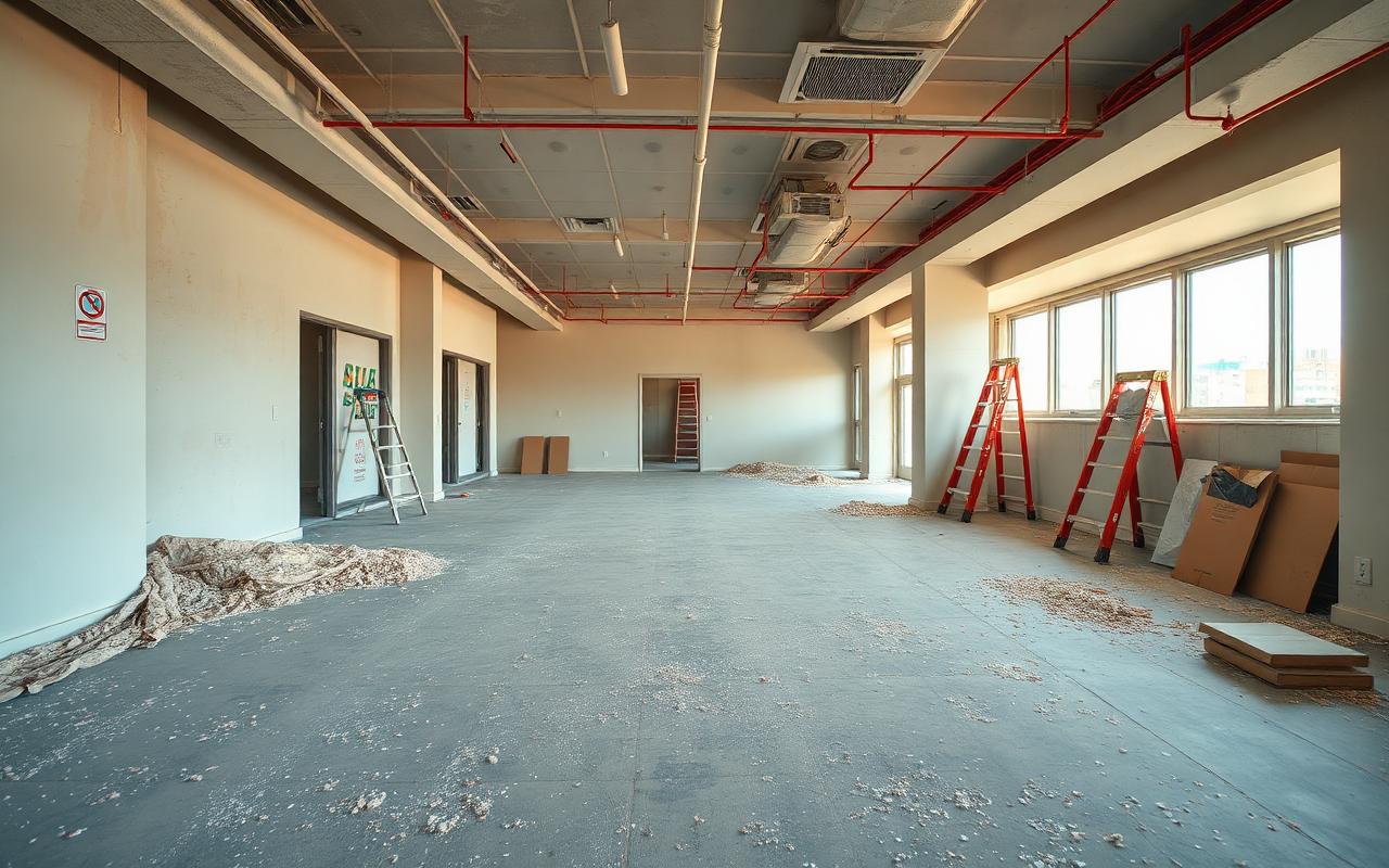Commercial suite after trades finish, covered in drywall dust, debris, and paint splatter