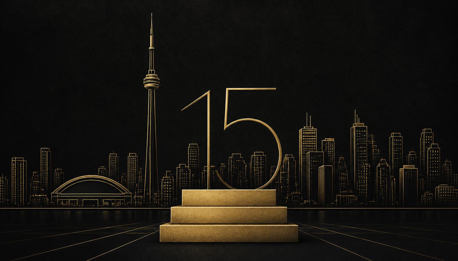 Gold linework illustration of the Toronto skyline behind a podium and the numeral 15