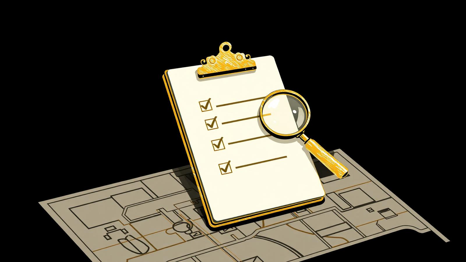 Gold linework illustration of a checklist and magnifier over a building plan