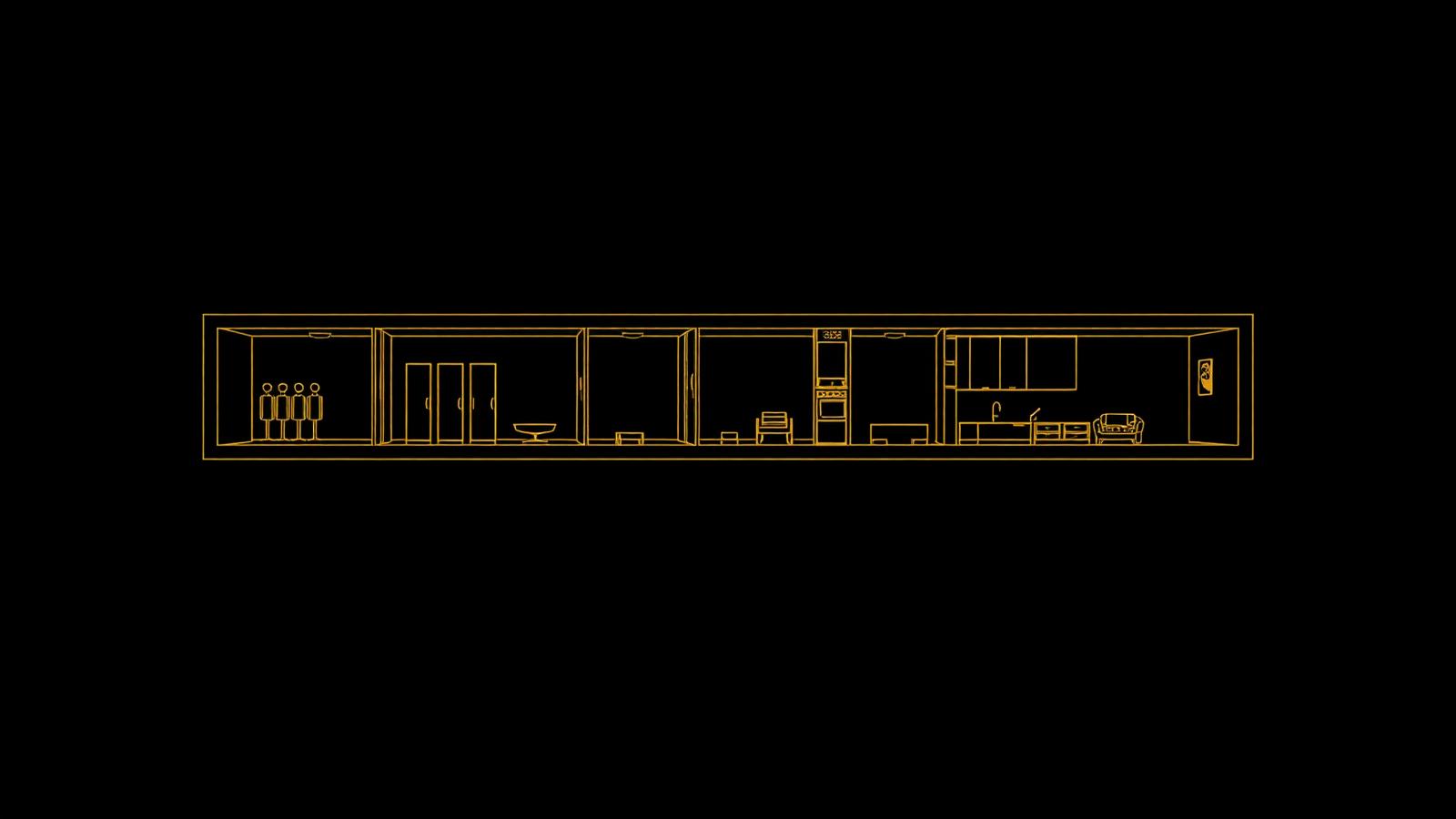 Gold linework illustration of building service zones including washrooms