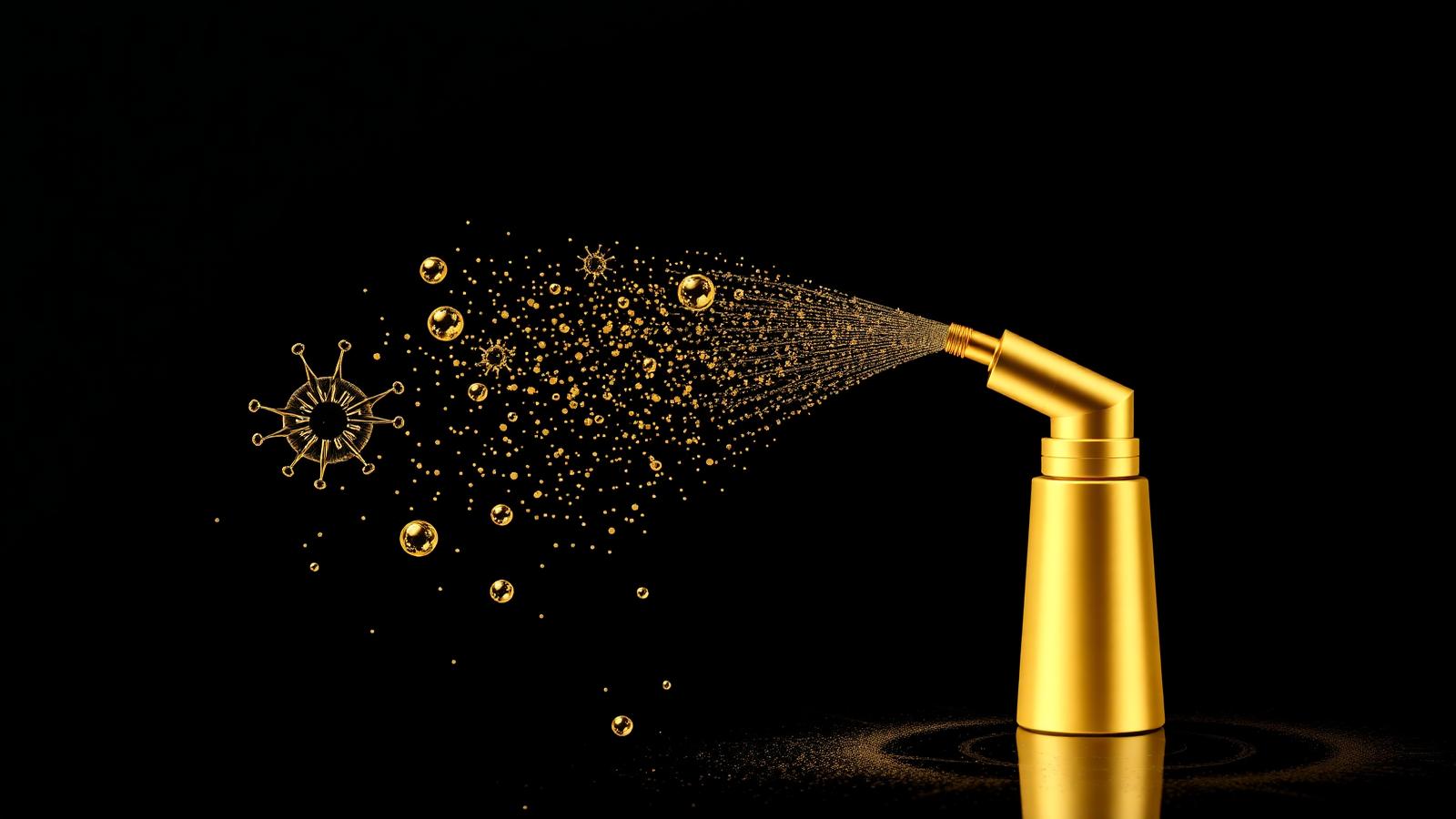 Gold linework illustration of a disinfectant spray dispersing pathogens