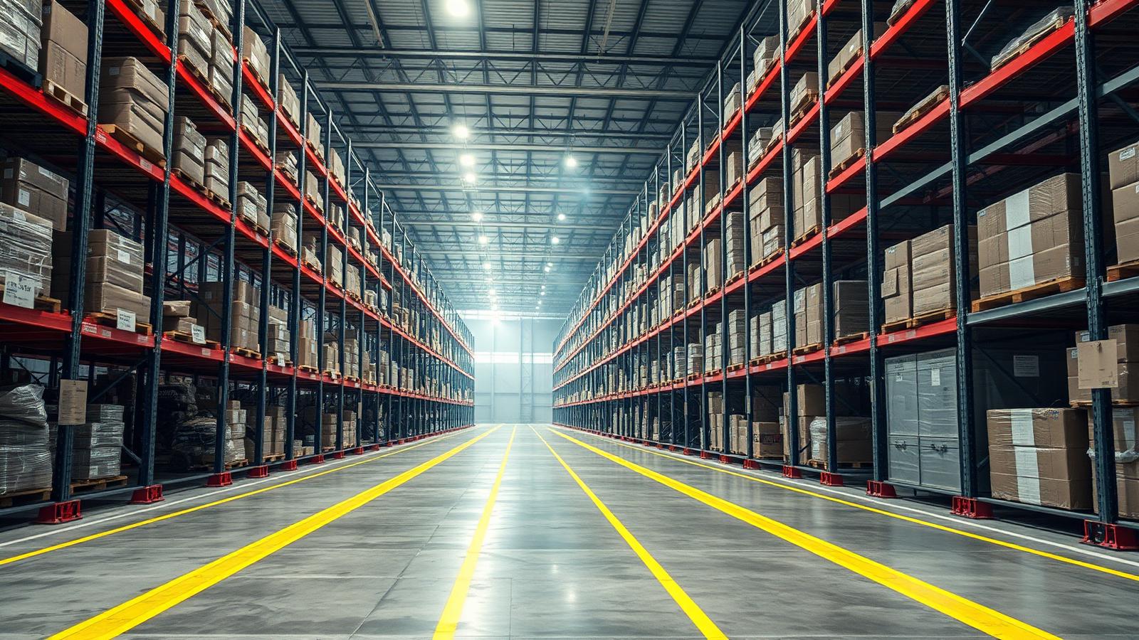 Clean warehouse aisle with marked traffic lanes