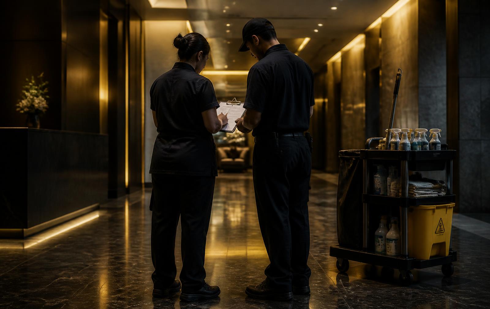 Probello supervisors reviewing a facility checklist in a building lobby