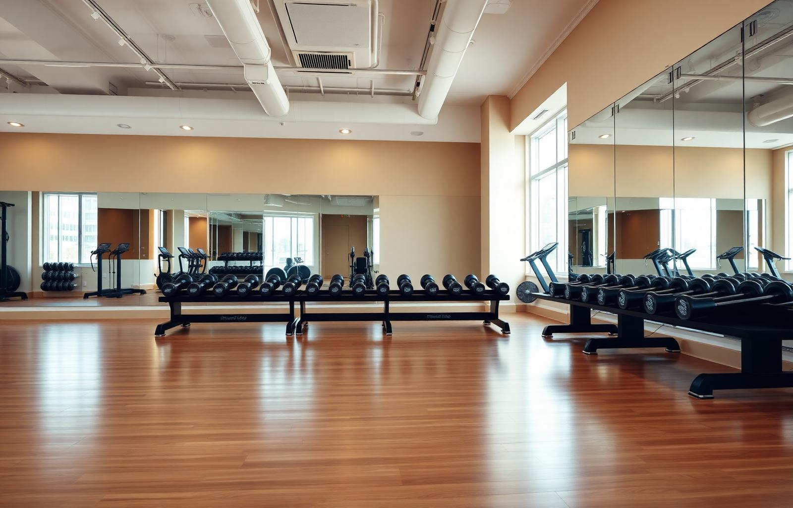 Spotless Toronto boutique fitness studio with polished hardwood floors, racked dumbbells, and clean mirrors, reset and ready for the next class block