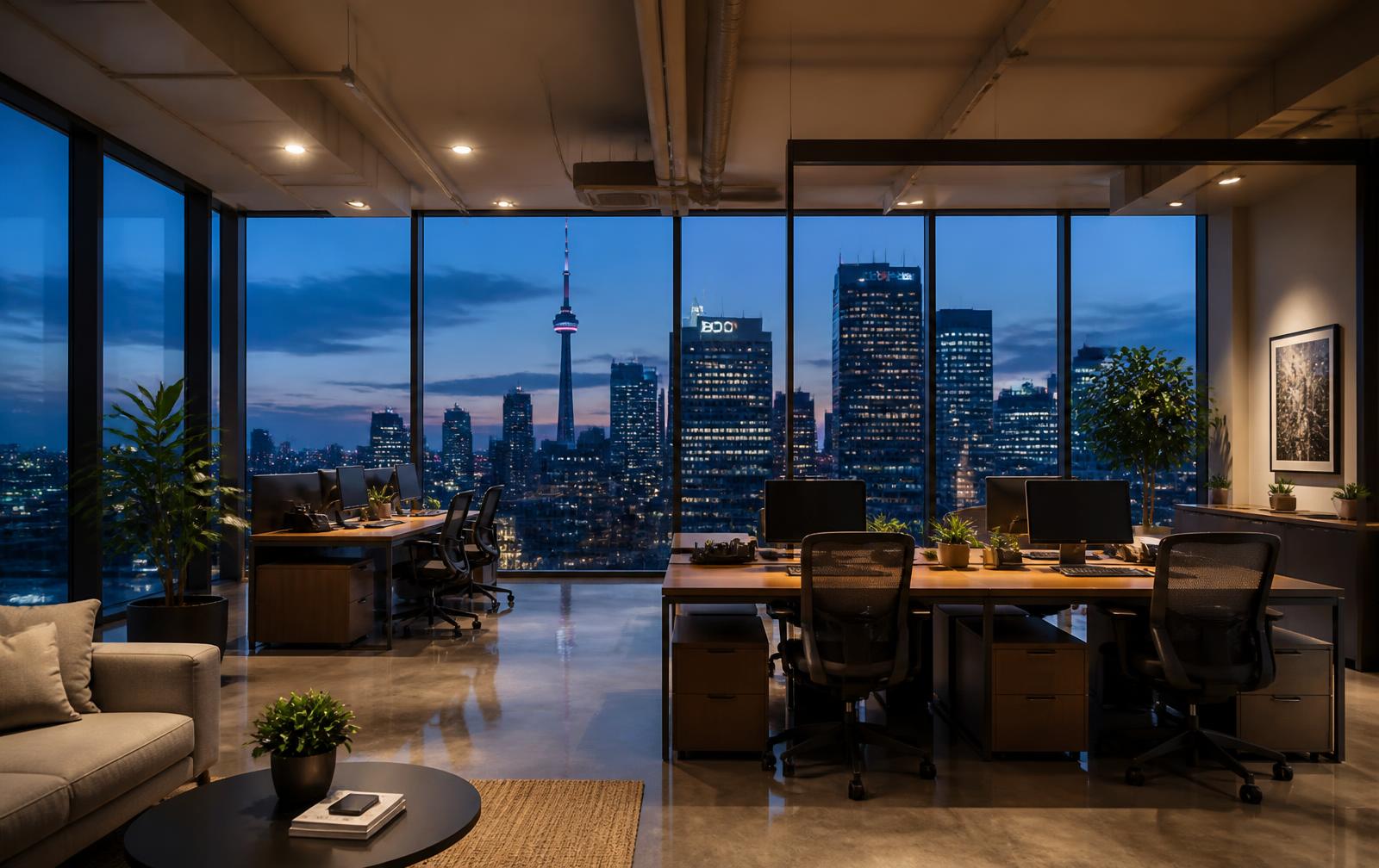 Modern highrise corporate office in downtown Toronto at dusk, with floor-to-ceiling windows overlooking the skyline, cleaned overnight and ready for the morning