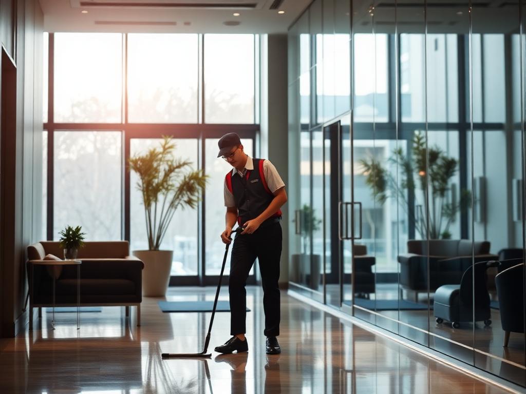 Day porter maintaining a bright commercial lobby during business hours