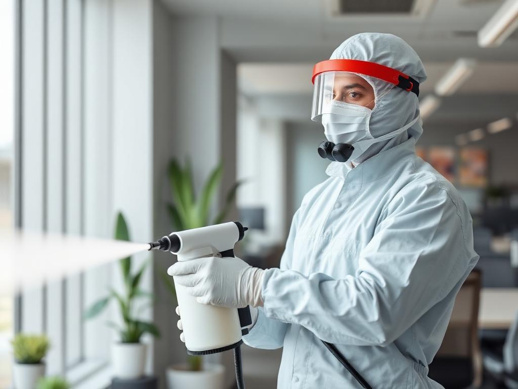 Technician applying electrostatic disinfectant in an office