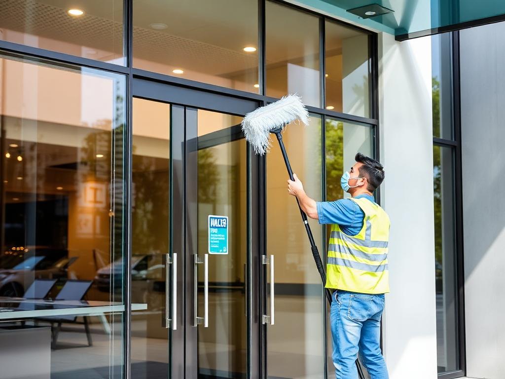 Worker cleaning the exterior glass entrance of a commercial building