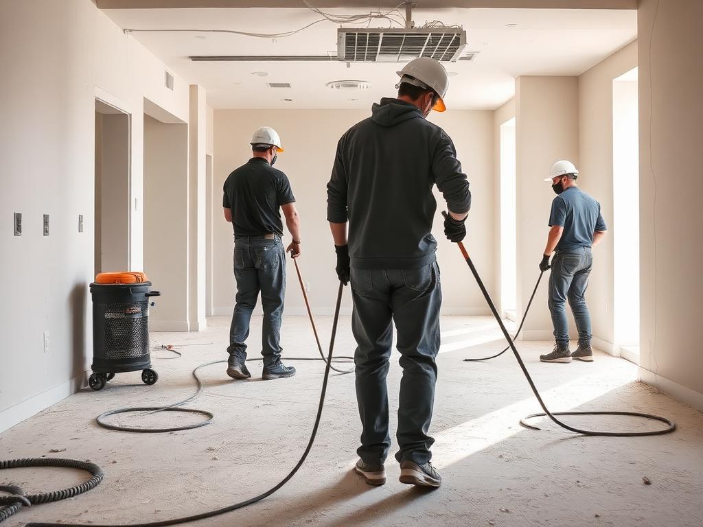 Crew performing post-construction dust removal in a newly built commercial space